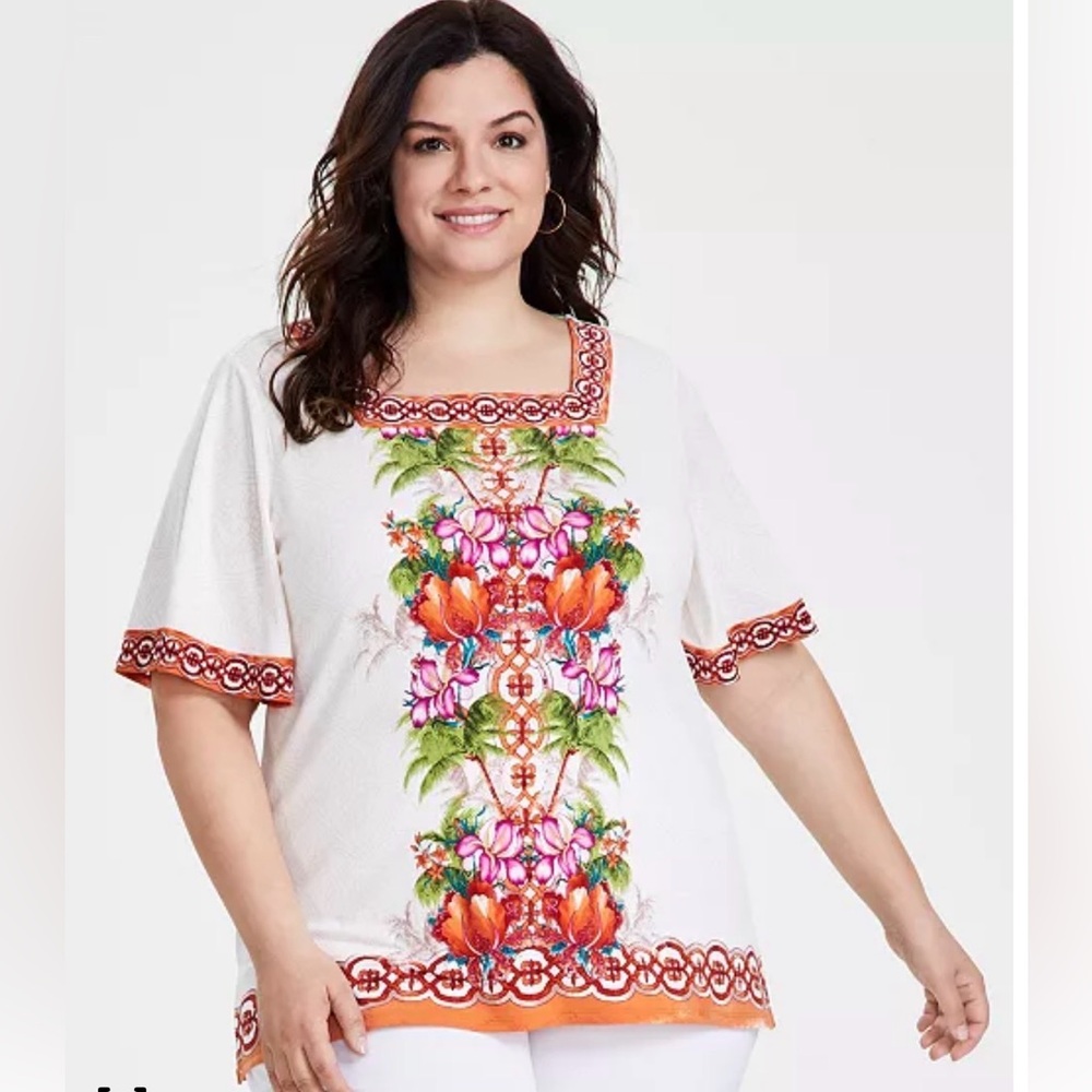 JM Collection White Floral Embroidered Square-Neck Blouse